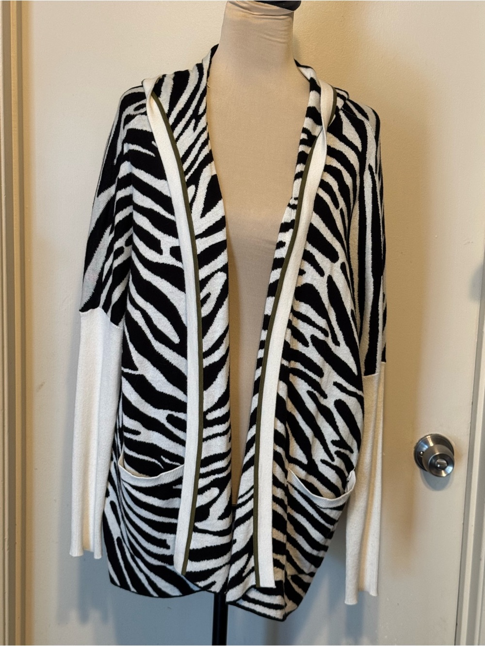 Belldini Cotton Blend Black & White High-Low Zebra Stripe Hooded Open Cardigan